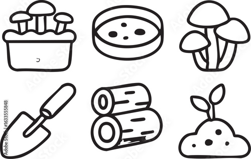 Mushroom Cultivation Icons Set for Gardening and Farming.