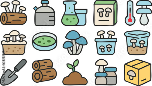 Mushroom Cultivation Icon Set for Growing Mushrooms.