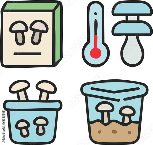 Mushroom Cultivation Process and Growth Icons.
