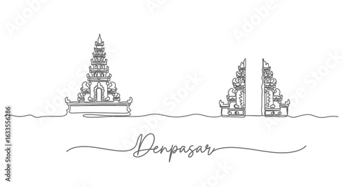 Denpasar Bali Skyline with Line Art, and Travel Landmark.