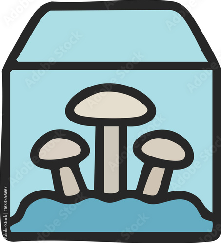 Simple icon of mushrooms growing in a cultivation chamber.