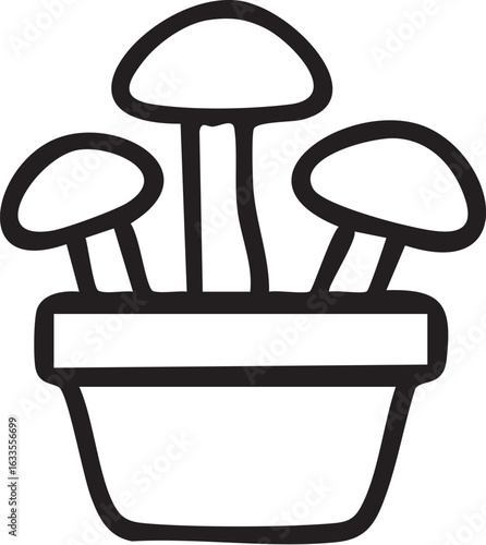 Simple Line Art Illustration of Mushrooms in a Pot.
