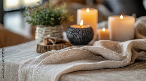 Soft beige linen tablecloth draped over a table, adorned with candles and a small plant