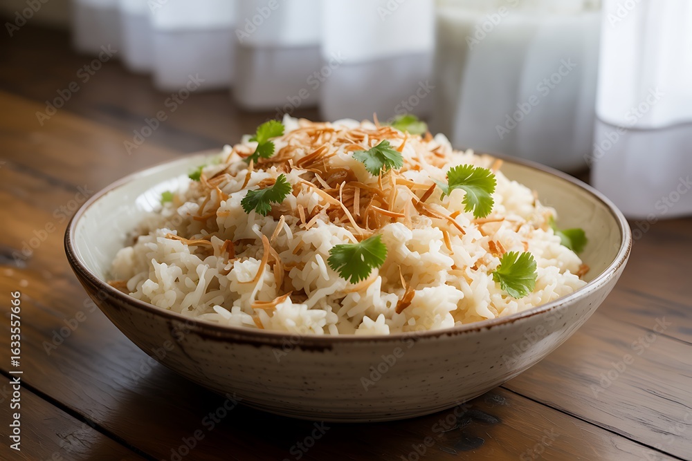 Delicious coconut rice garnished with fresh cilantro in a bowl on a wooden table Delicious coconut rice garnished with fresh cilantro in a bowl on a wooden table
