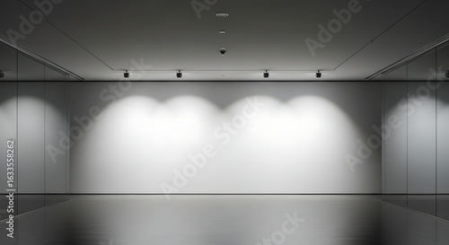 Wallpaper Mural Modern gallery space with reflective floor and focused spotlights on a blank wall Torontodigital.ca