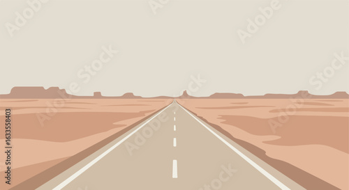 Desert highway extends to distant buttes, neutral and warm palette
