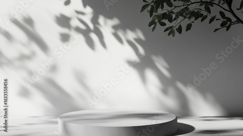 A light gray, round pedestal sits in a sunlit room, with shadows of leaves falling on a white wall