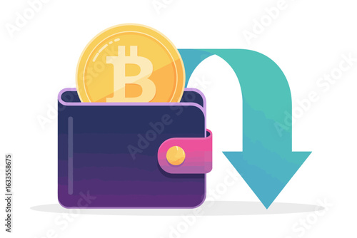 Cryptocurrency value depreciation concept. A digital wallet holding a golden coin with a downward arrow symbolizing a market crash or loss.