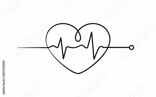 Continuous one line drawing of a heart with an electrocardiogram pulse inside. Minimalist heart love and health concept illustration.