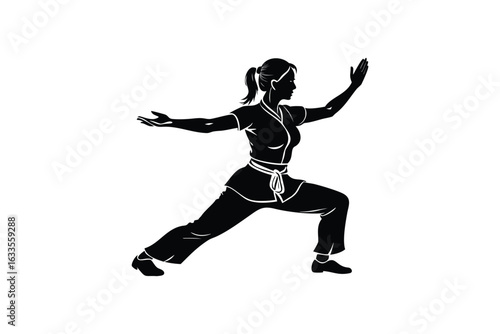 Dynamic silhouette of a woman performing a martial arts pose showcasing strength and balance in a traditional uniform a powerful depiction of discipline and movement silhouette