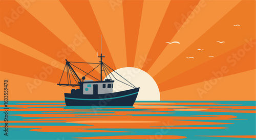 Fishing boat on ocean at sunset, with seagulls