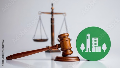 Environmental Law and Justice Concept - Gavel, Scales, and Green Cityscape