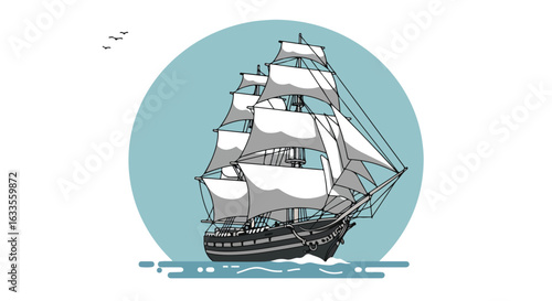 Tall ship with white sails sails on blue water, birds flying above