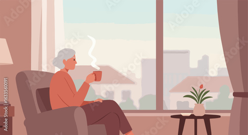 Old woman sips tea by window, overlooking city
