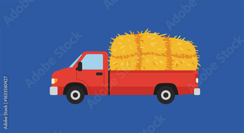 Red pickup truck carrying golden hay bales on a blue backdrop in flat style