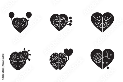 Conceptual Brain and Heart Combination Icons Depicting Intelligence Emotions and Technological Integration for Healthcare and Education Applications