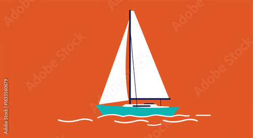 Minimalist illustration of a teal sailboat with white sails on an orange background