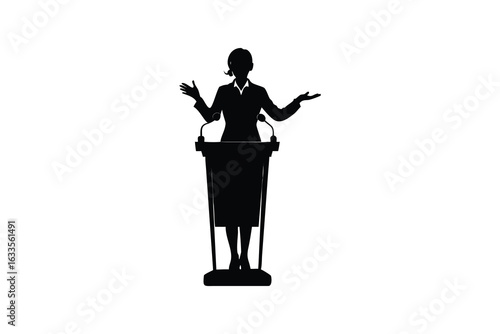A confident female speaker stands behind a podium gesturing with open hands in a clear black silhouette against a white background representing public speaking and presentations silhouette