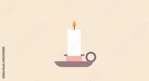 Simple illustration of lit candle in a holder on peach background