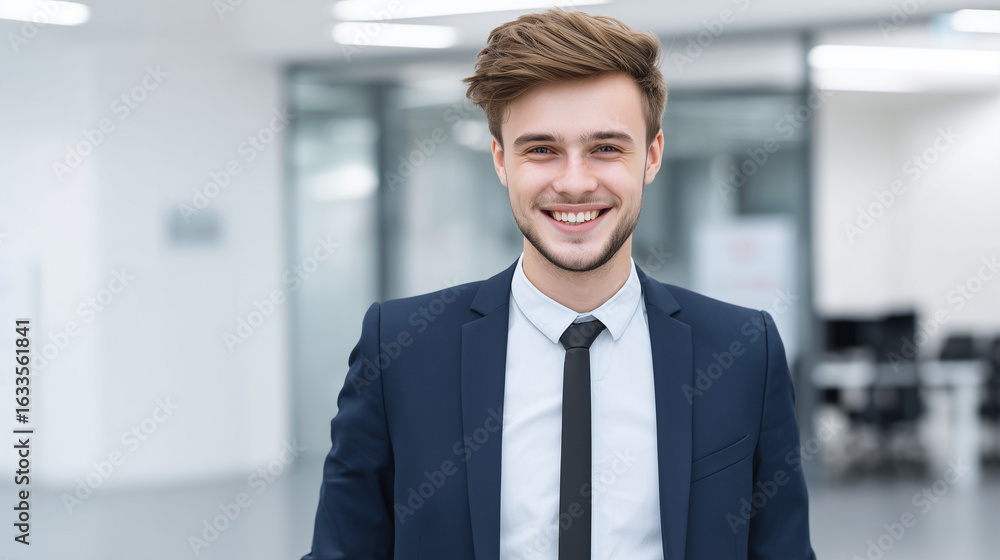 Fototapeta premium A professional in business attire with a welcoming expression, soft office lighting enhancing his confidence.