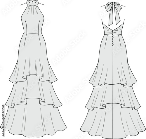 Evening tiered gown fashion sketch, back bow halter dress design, CAD fashion illustration, flat vector drawing, women’s dress template