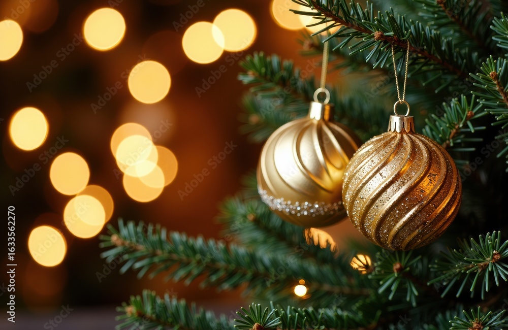 Naklejka premium Golden Christmas ornaments hanging on a decorated tree with warm bokeh lights in the background