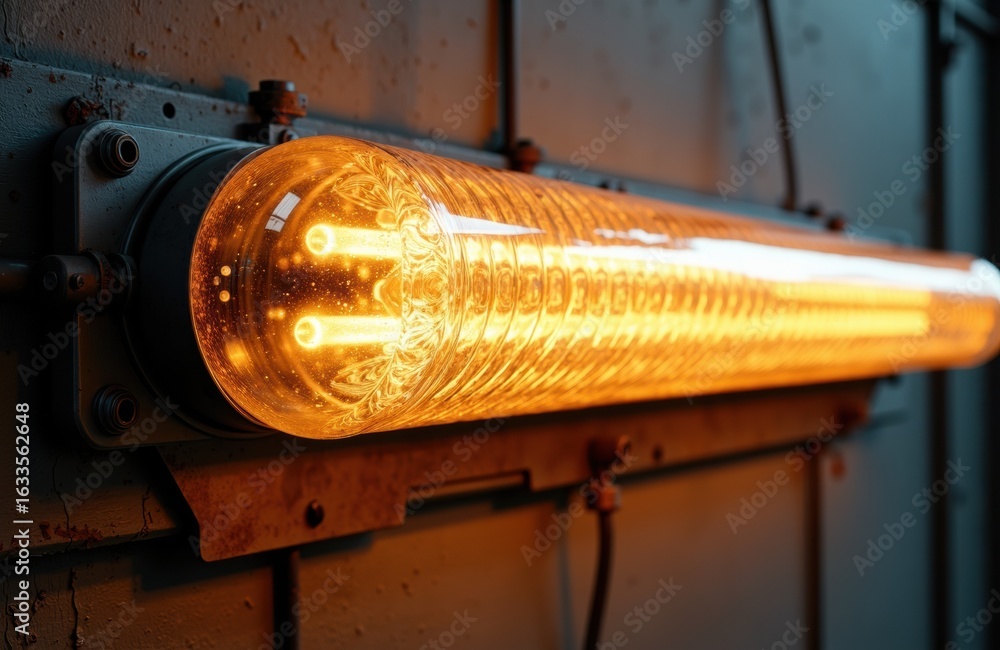 Fototapeta premium Industrial heating element glowing with bright orange light mounted on a wall