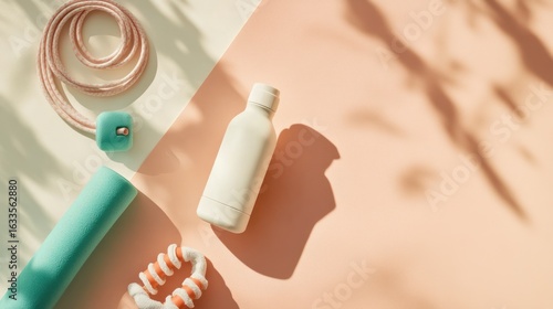 Wallpaper Mural Flat lay of fitness and wellness items.  Pastel-toned,  light and airy,  with  shadows.  Jump rope,  water bottle,  and foam roller featured Torontodigital.ca
