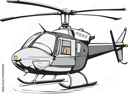 Modern police helicopter with rotor blades and skid landing gear