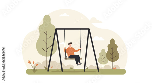Cartoon man in orange shirt sits on swing set in park