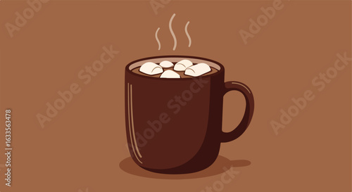 Hot cocoa in a mug, topped with marshmallows and steaming on a brown background
