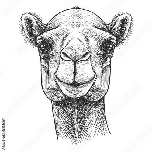 Camel head close up — vintage ink sketch doodle black and white vector illustration on white background, engraving woodcut style