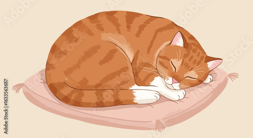 Striped orange cat curled asleep on a dusty rose cushion