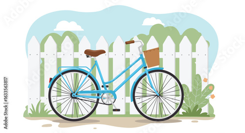 Light blue bicycle with basket against a white picket fence on a sunny day