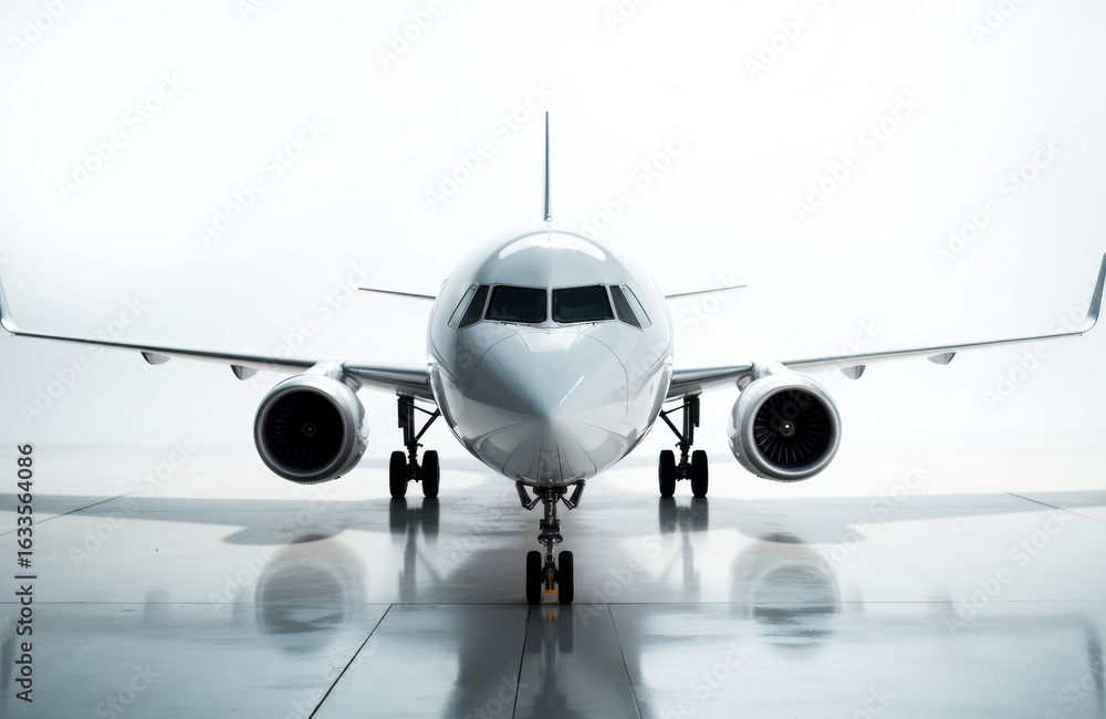 Naklejka premium Modern commercial airplane facing forward on airport runway with reflective surface