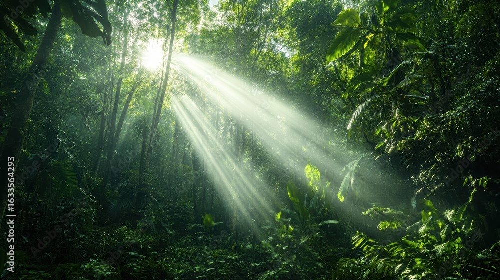 Obraz premium Sunbeams filter through primeval forest 