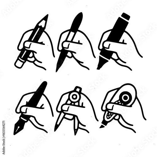 Vector set of different hand grips holding creative writing tools in clean black line art.