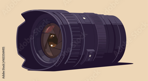 Stylized illustration of a black camera lens on a cream background