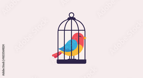 Bird confined in a black cage, with red, blue, and yellow plumage.