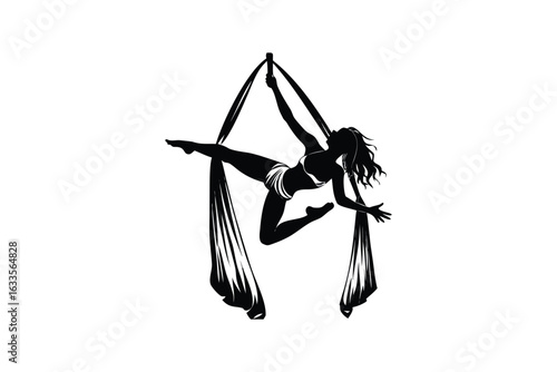 Graceful female aerialist performing a dynamic pose suspended on flowing silks captured in a striking black silhouette against a clean white background showcasing strength and artistry silhouette