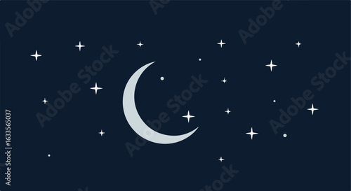 Moon and stars float in the night sky on a deep blue background