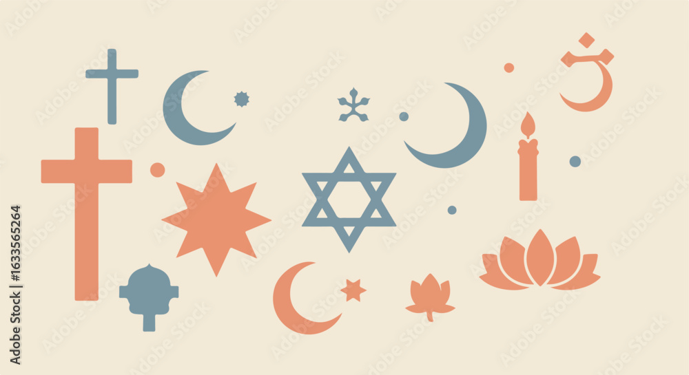 Obraz premium Various spiritual symbols of diverse religions in beige, blue and orange palette