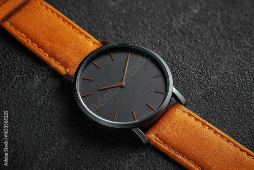 Wallpaper Mural Minimalist black wristwatch features orange leather strap, showcasing modern design and stylish elegance, perfect for casual or formal occasions Torontodigital.ca