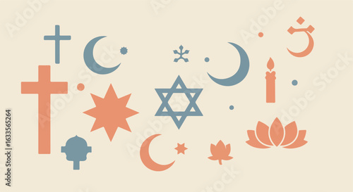 Various spiritual symbols of diverse religions in beige, blue and orange palette