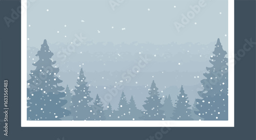 Winter landscape with snowy pine trees and falling snow, in muted blue tones