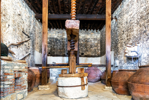 Old historic wine press in the village of Omodos in Cyprus