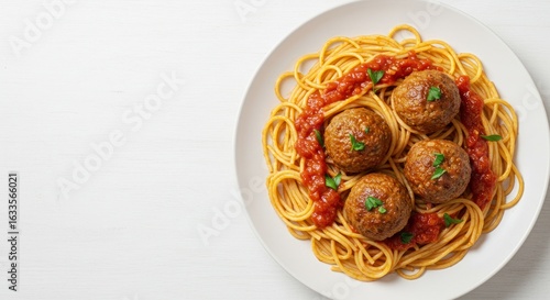 Wallpaper Mural Delicious spaghetti with meatballs and tomato sauce served on a white plate Torontodigital.ca