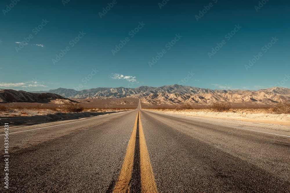 Naklejka premium Long stretch of endless road cutting through a barren desert landscape with mountains in the distance under a clear blue sky