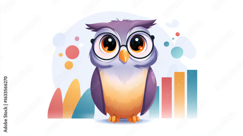 Obraz premium Wise, smart, and nerdy owl cartoon illustration with curious expression. character represents business, finance, and data analysis, standing before colorful graph