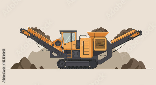 A yellow and black tracked crusher processes dirt